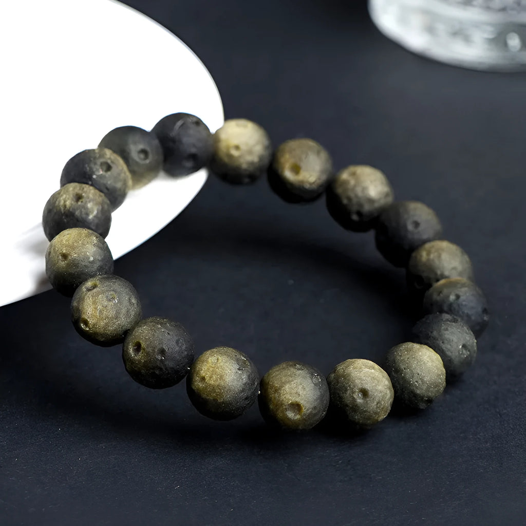 Natural obsidian crater ball bracelet unisex silver stone meteorite finish beaded