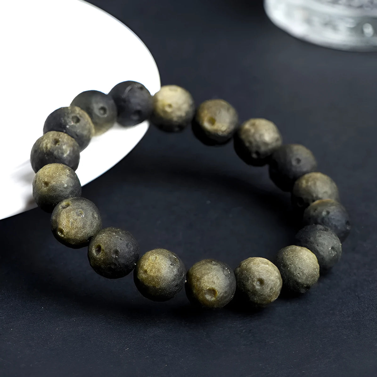 Natural obsidian crater ball bracelet unisex silver stone meteorite finish beaded