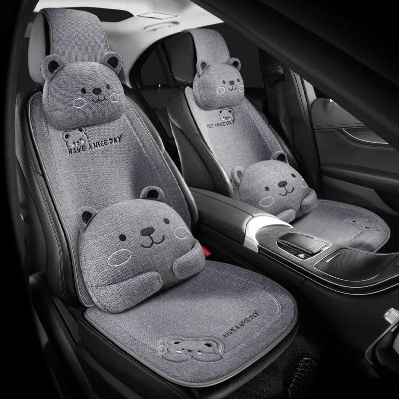 Car seat cushion set with lumbar support pillow and headrest cushion in cure bear linen fabric