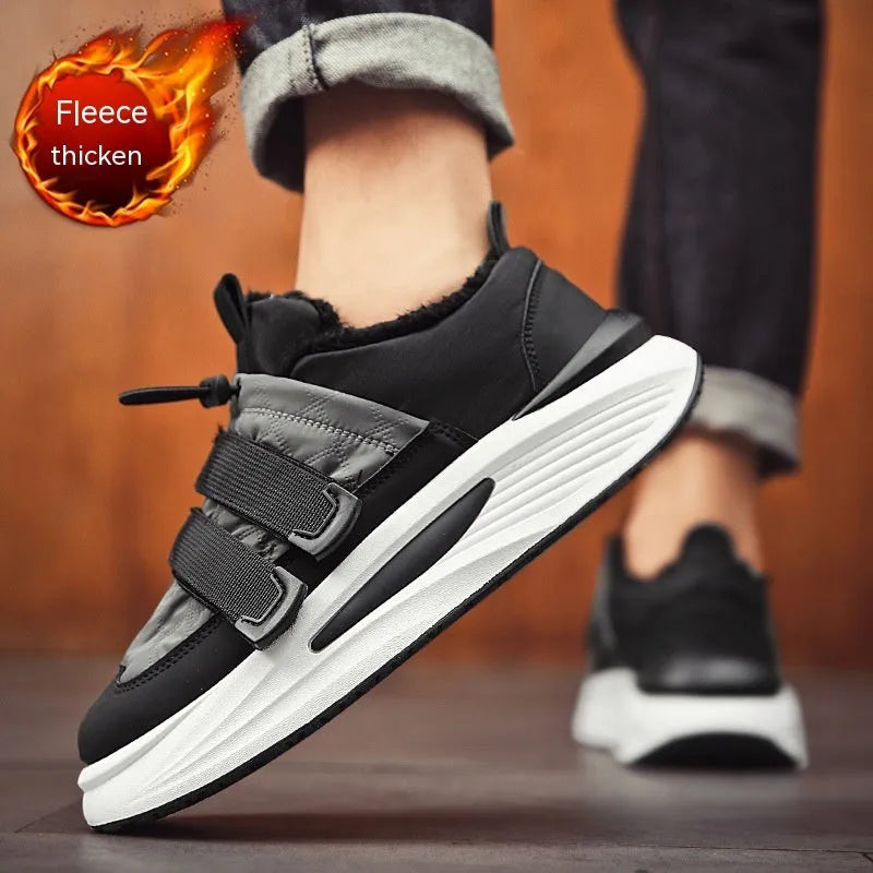 Men's black and gray platform sneakers with lace-up fastening and striped cotton upper on a white background