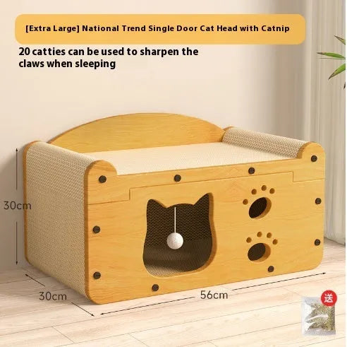 Corrugated paper double-layer cat house with double ball doors for indoor feline enrichment
