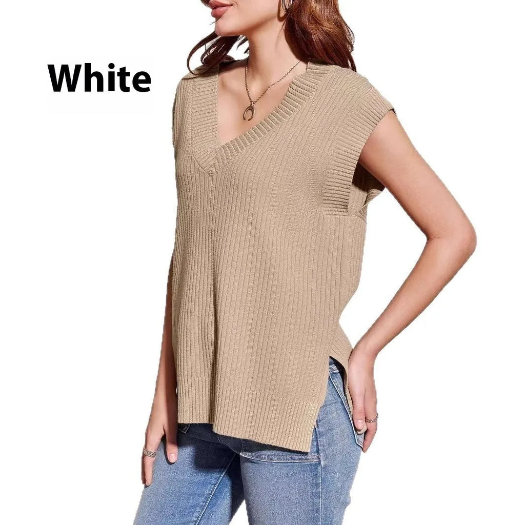 V-neck sleeveless loose pullover vest in camel colour with stripe pattern