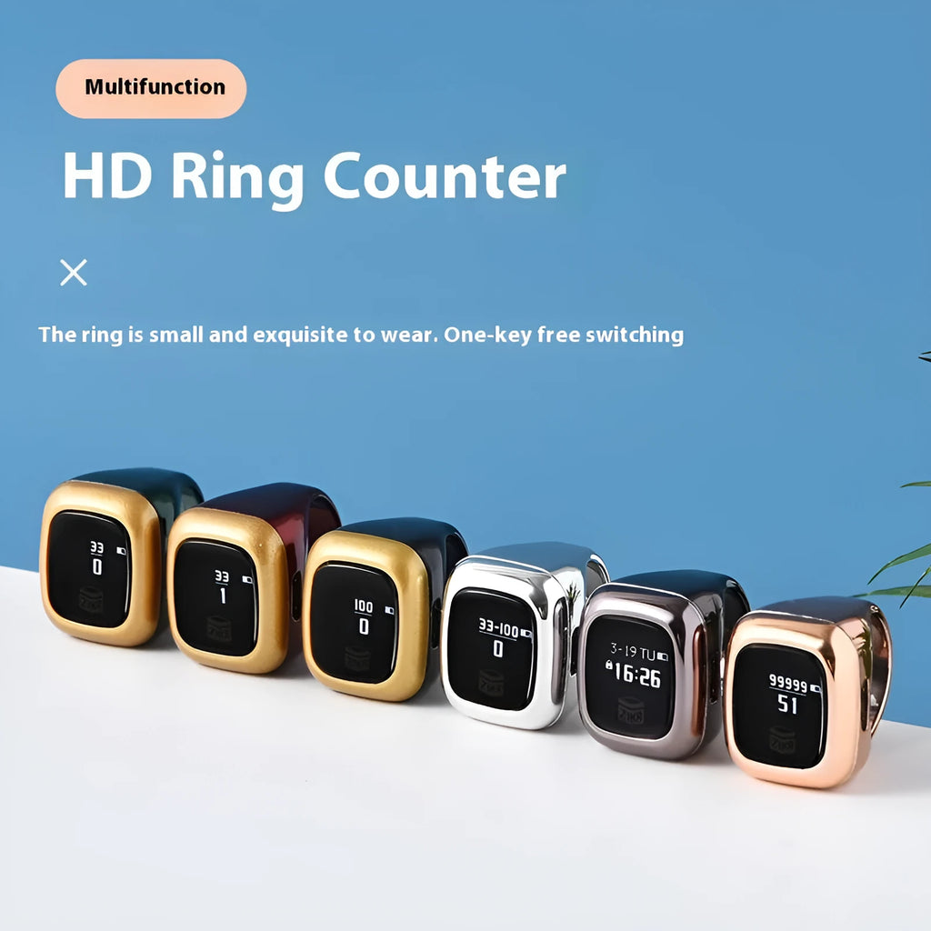 Al-Fatiha electronic zikr counter with digital display on a wrist, shown in various colours.