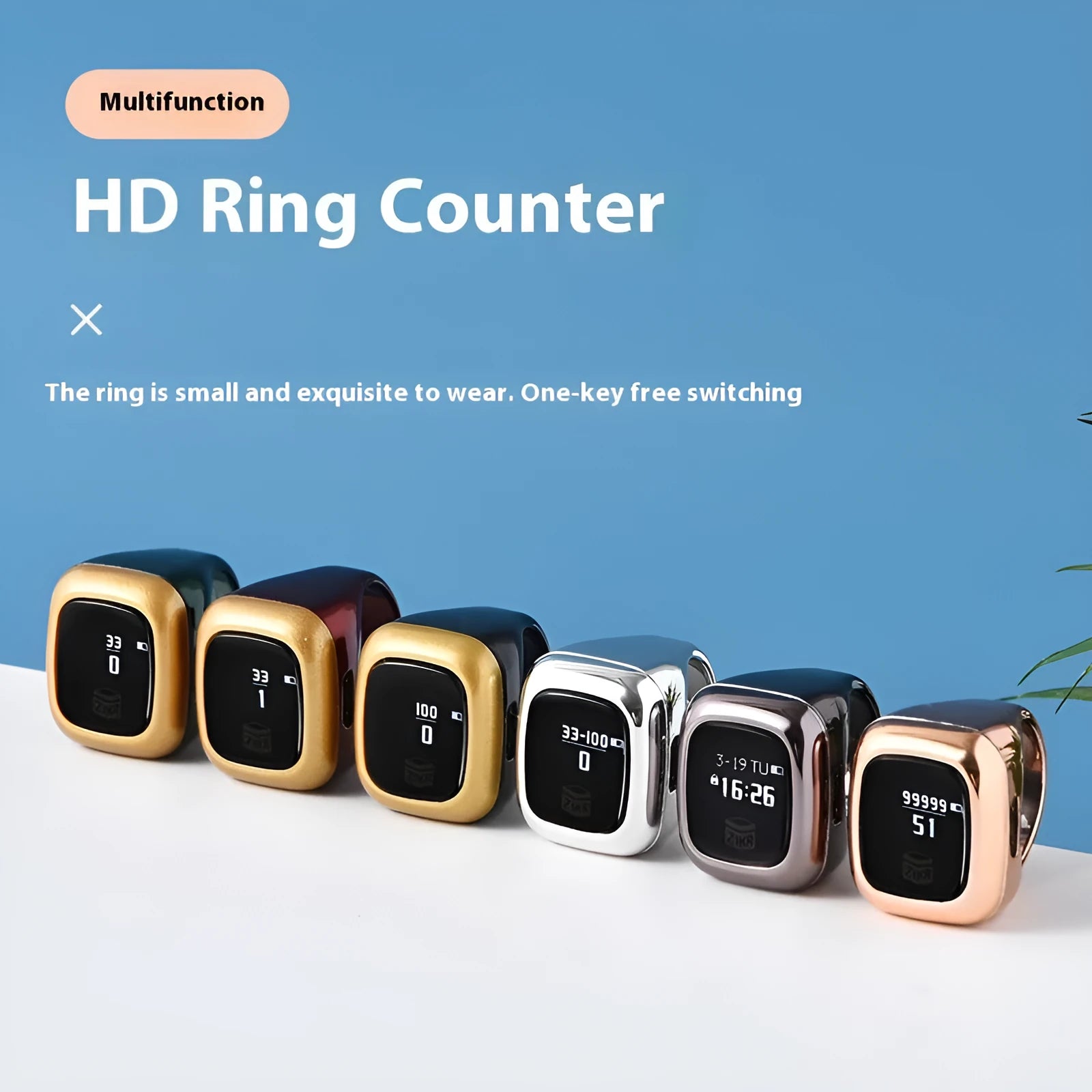 Al-Fatiha electronic zikr counter with digital display on a wrist, shown in various colours.