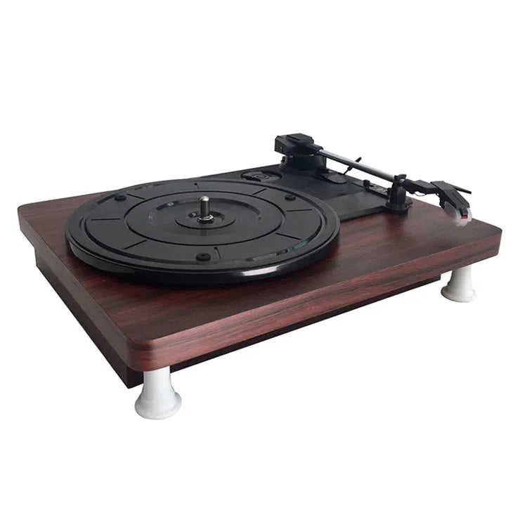 Record player phonograph with compact design, 300x250x100mm, for vinyl playback requiring external amplifier