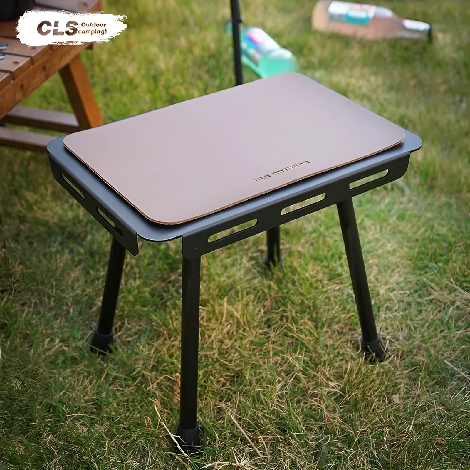 CLS aluminium folding camping stool shown in army green, converts into a small table with storage bag