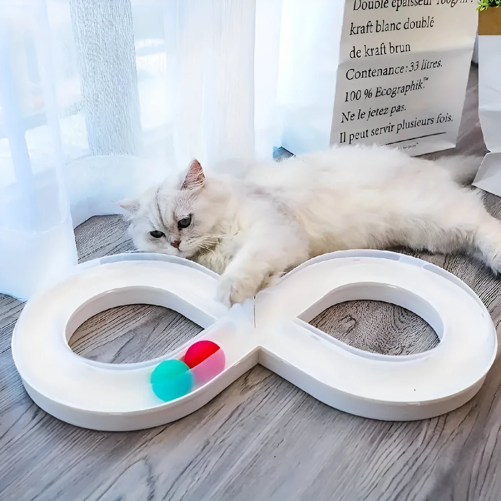 Blue and white cat turntable track ball toy with rotating stick for indoor feline play