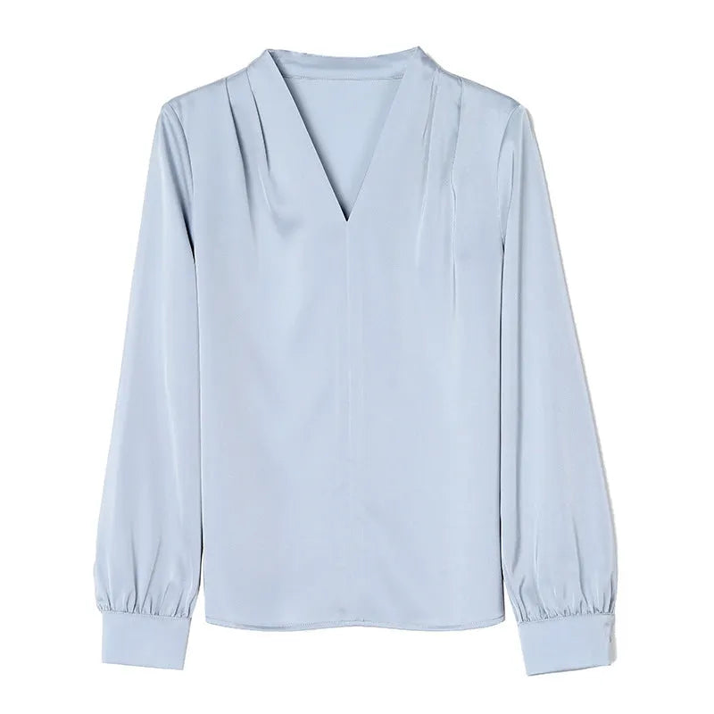 Women's slim fit long sleeve satin shirt in blue colour with 3D stitching detail
