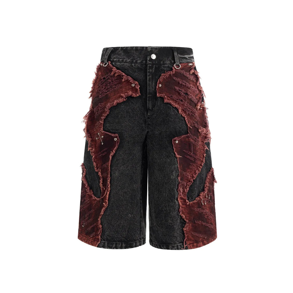 Distressed denim cropped pants with wide-leg cut and mid-high waist in cotton fabric
