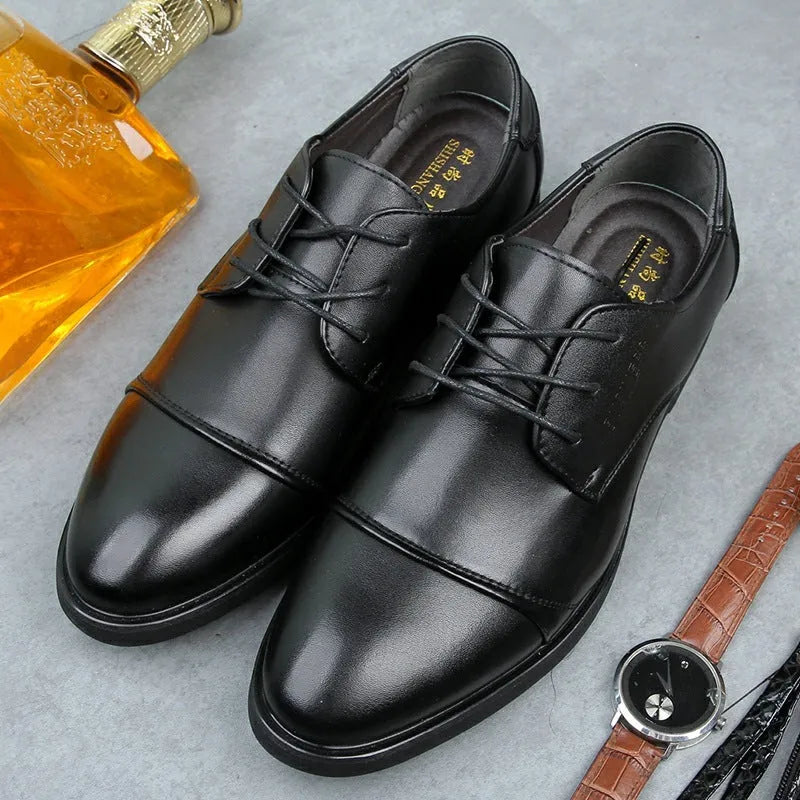 Men's plus size black PU leather formal lace up shoes with rubber sole and horse buckle detail
