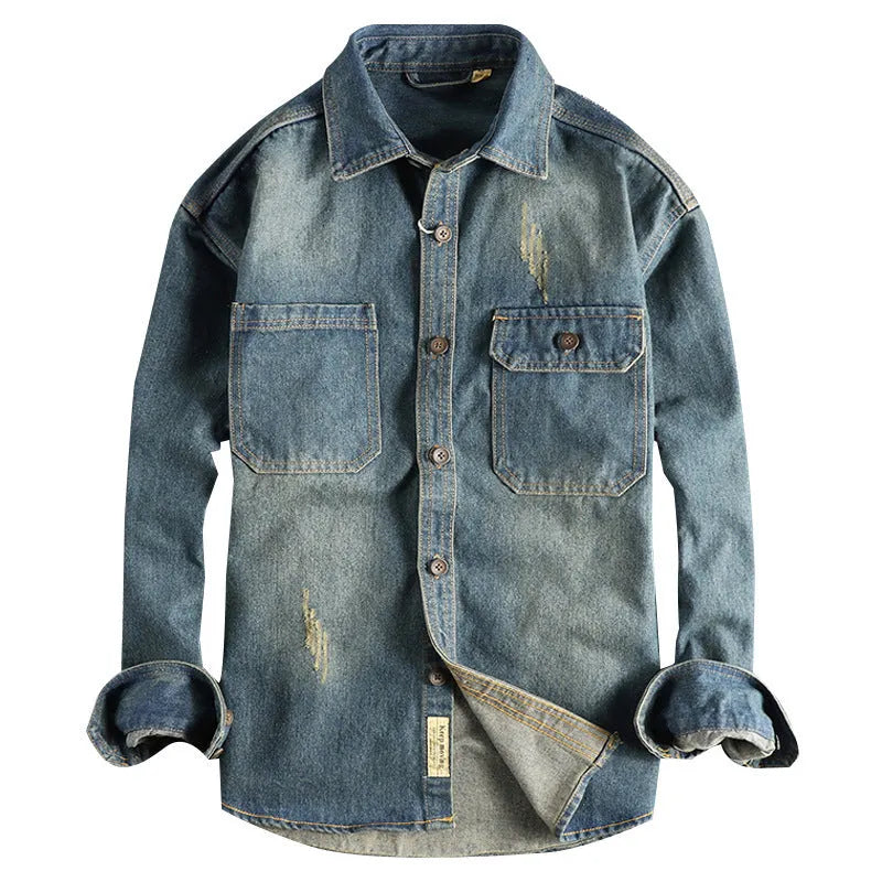 Men's light blue vintage washed denim shirt with long sleeves and loose fit