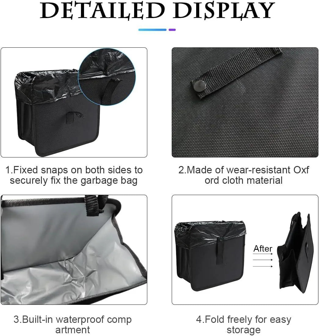 Black car folding trash can made from waterproof Oxford cloth, shown hanging