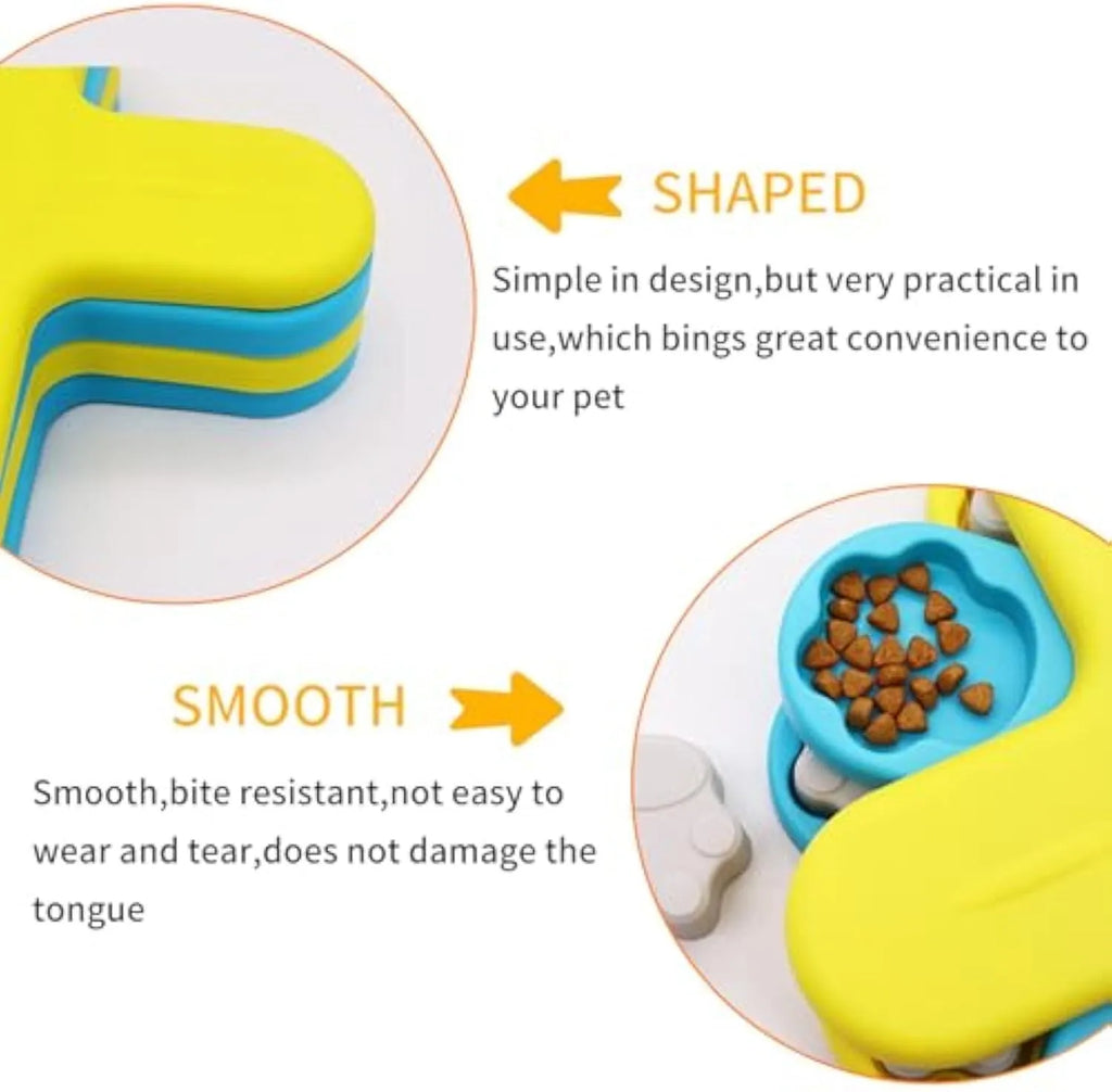 Yellow three-layer rotating dog puzzle feeder bowl with anti-slip base.