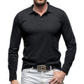 Men's dark grey polo collar long sleeve cotton T-shirt in American retro style laid flat