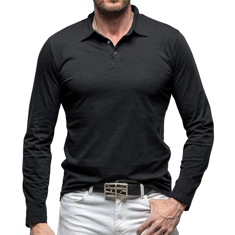 Men's dark grey polo collar long sleeve cotton T-shirt in American retro style laid flat