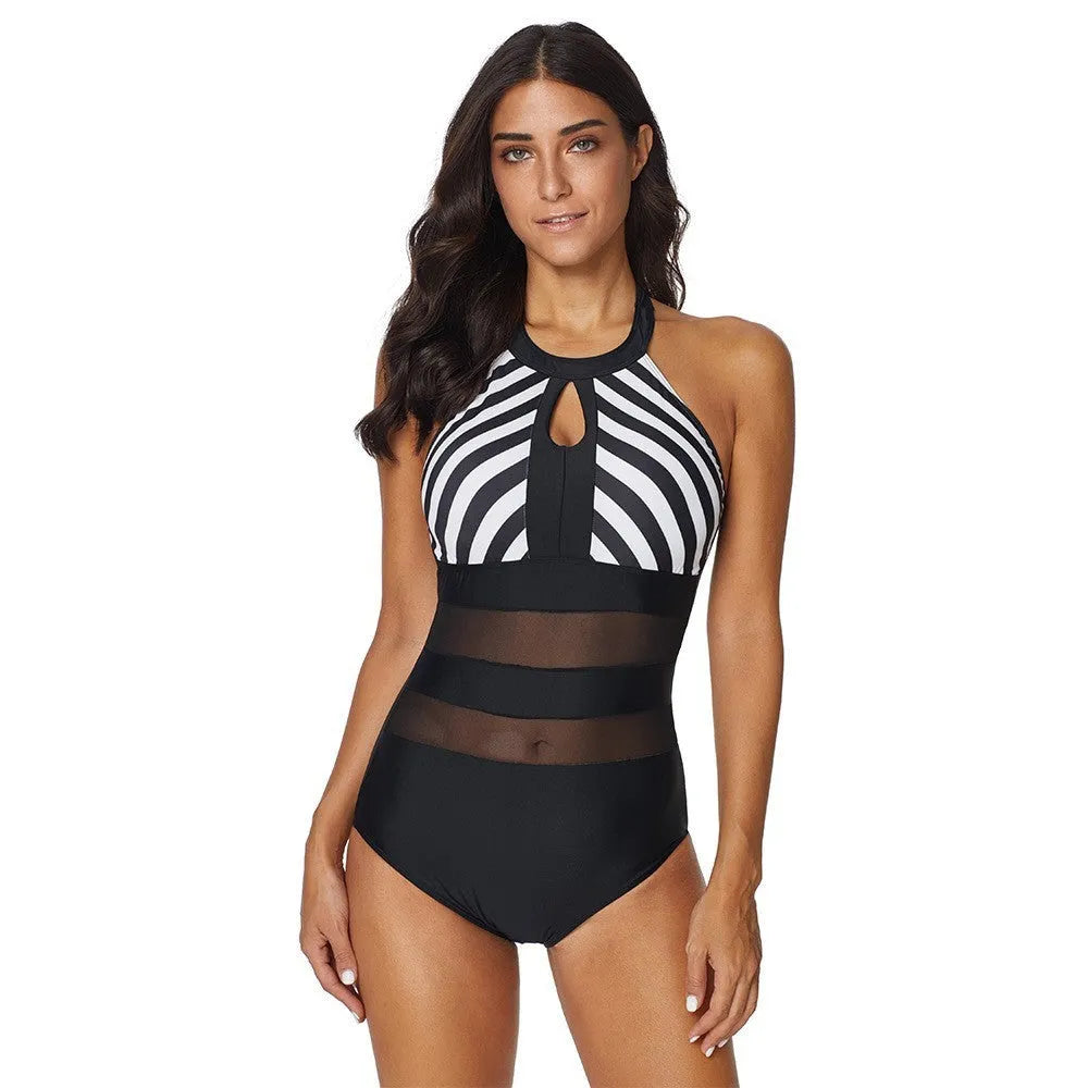 Backless striped stitching one-piece swimsuit for women, plus size option, black polyester swimming and wading swimwear