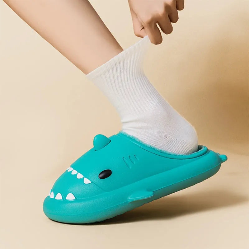 Cartoon shark EVA slippers in yellow couple colour with Baotou closed-toe style and thickened sole