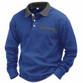 Men's long-sleeved waffle polo shirt in solid colour with asymmetric styling detail, loose fit, polyester fabric