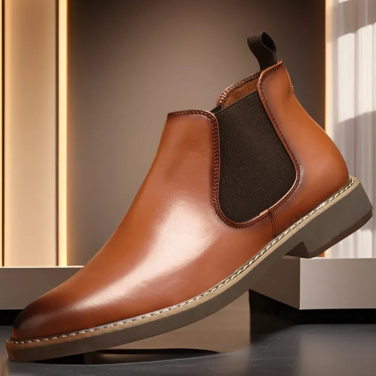 Men's plus size British style leather boots with square heel, solid colour, and rubber sole in black finish