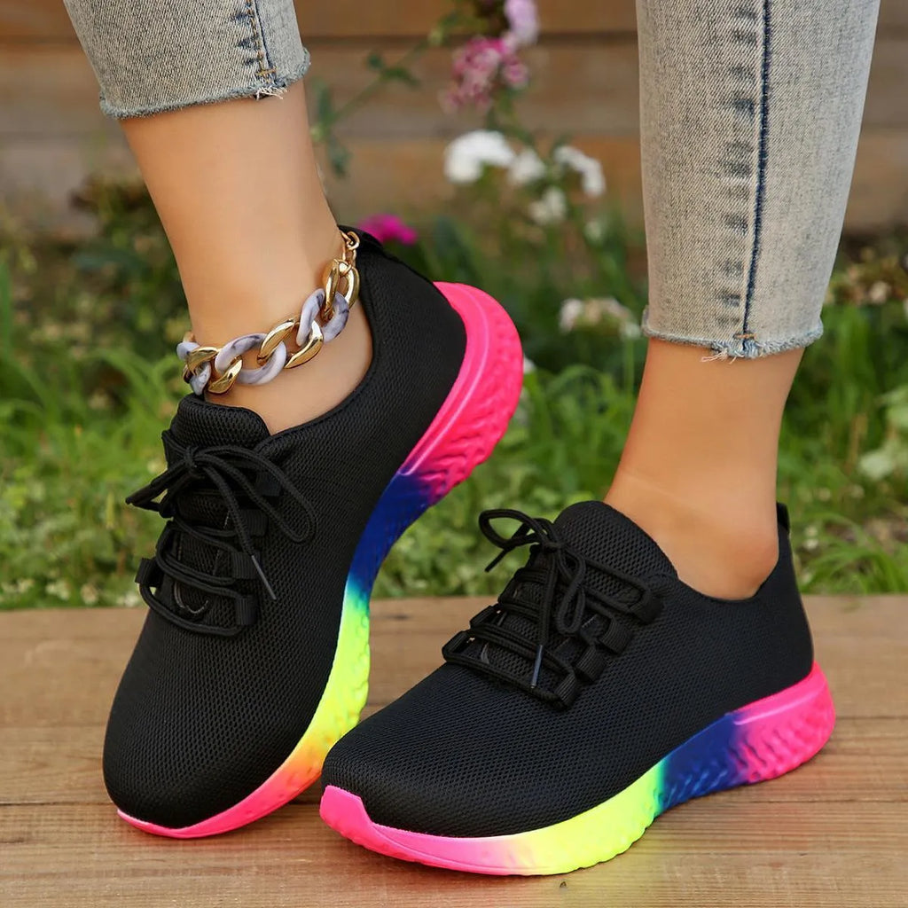 Women's plus size rainbow pumps, flat heel, low top, front lace-up, yellow black white, sizes 36-43