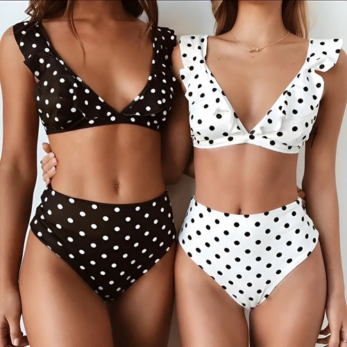 Black and white polka dot print bikini set with deep V-neck top and ruffled design