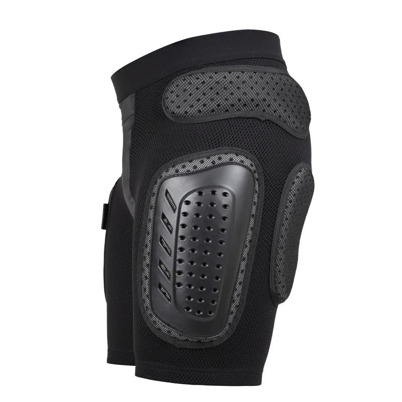 Black cycling protective hip pad pants shown flat, highlighting the integrated hip cushioning area.