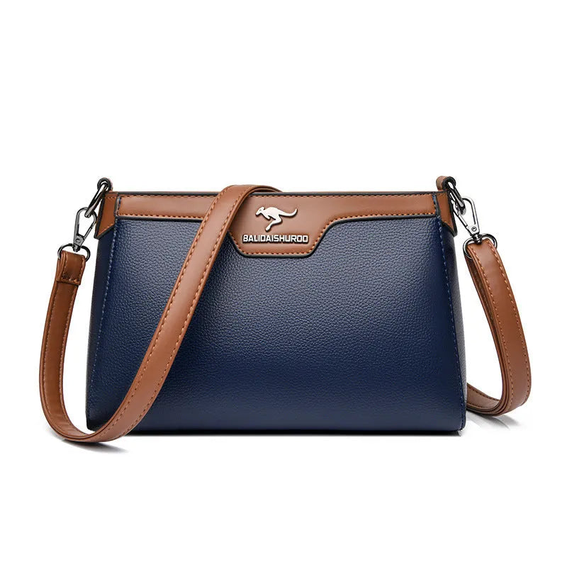 One shoulder soft PU small square stitching women's cross-body bag in black with contrast colour details and double strap