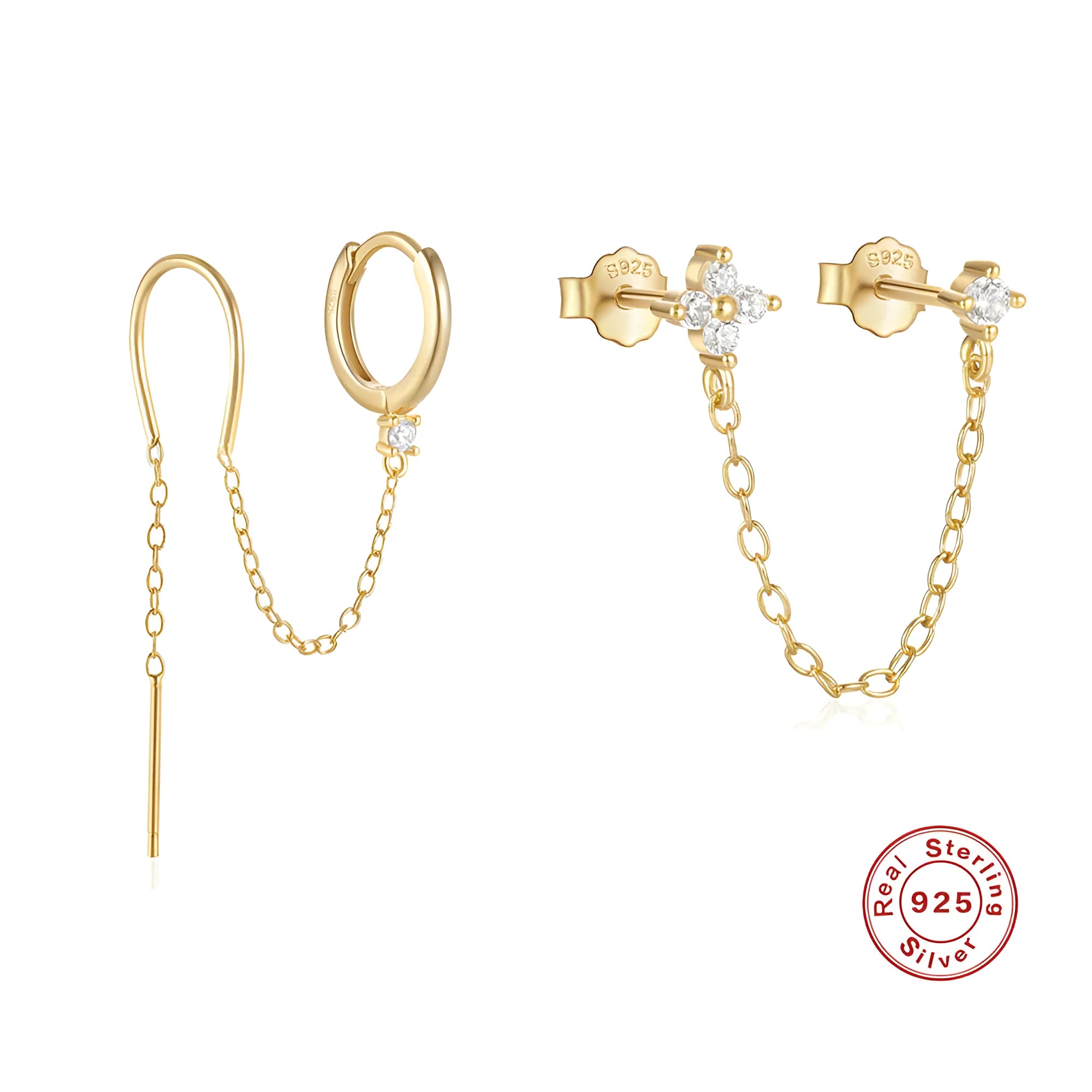 Golden S925 sterling silver stud earrings with a geometric diamond flower and delicate tassel chain design.
