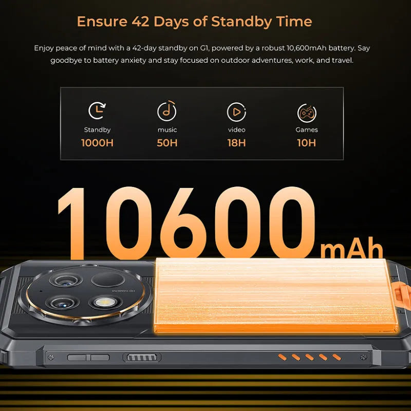 OUKITEL G1 Android mobile phone in grey, green, and orange colour options with included charger.