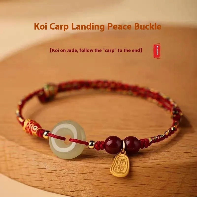 Hetian Jade peace buckle bracelet with colourful braided rope and 10mm geometric pendant