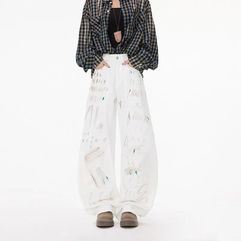 White straight leg jeans with dirty graffiti machete print for women, mid-rise non-stretch denim cotton, front view