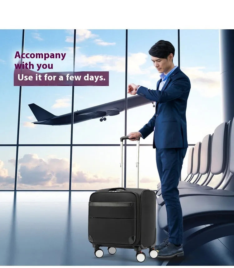 18-inch black Oxford cloth business travel suitcase with pull handle and universal wheels