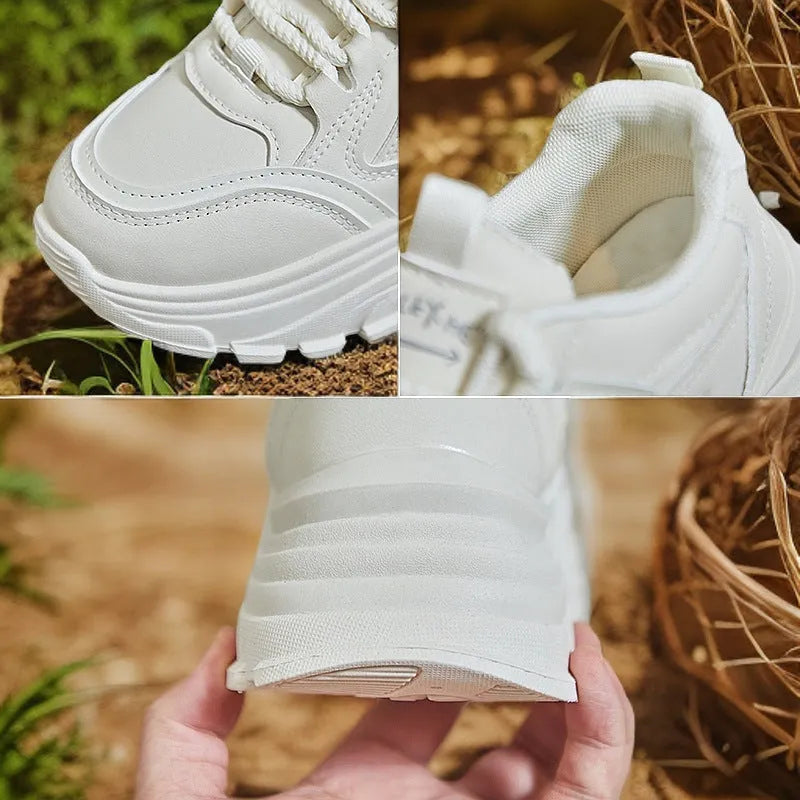 Breathable height increasing low-top shoes for women, artificial PU upper, round toe, black colour, side view