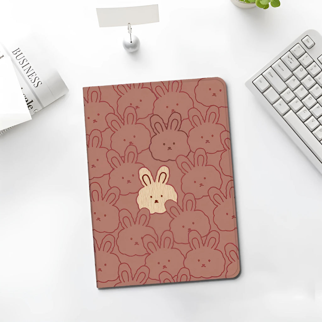 Cartoon cute rabbit silicone computer case for iPad in book full screen design with pen slot