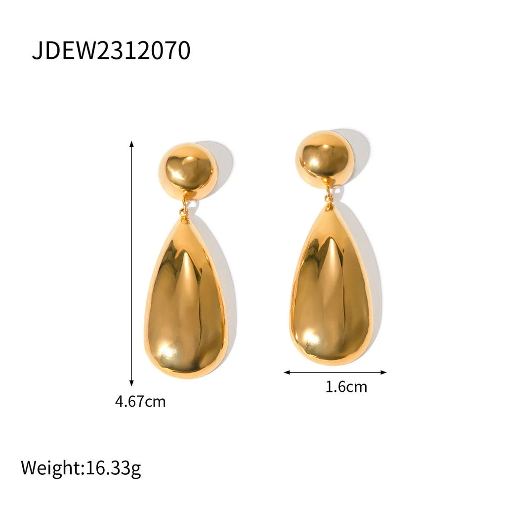 Gold stainless steel water drop pendant earrings with geometric hemisphere design elements