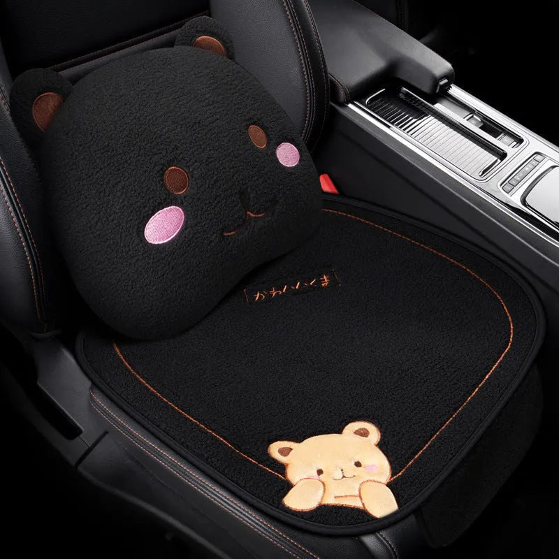Car cushion winter plush three-piece set with square cushion and lumbar support pillow in trendy bear design