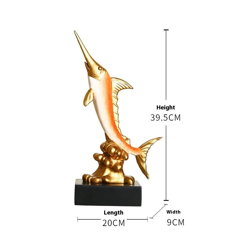 European swordfish resin and plastic decorative ornament in choice of colours on a shelf.