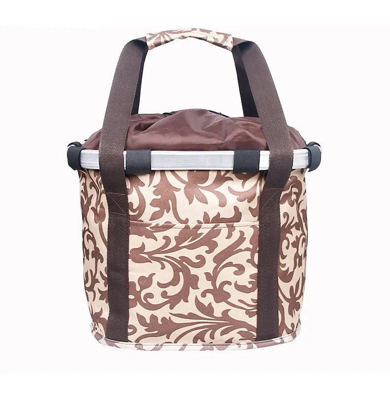 Fashion aluminum alloy folding car basket bag in black and white flowers, Oxford cloth material