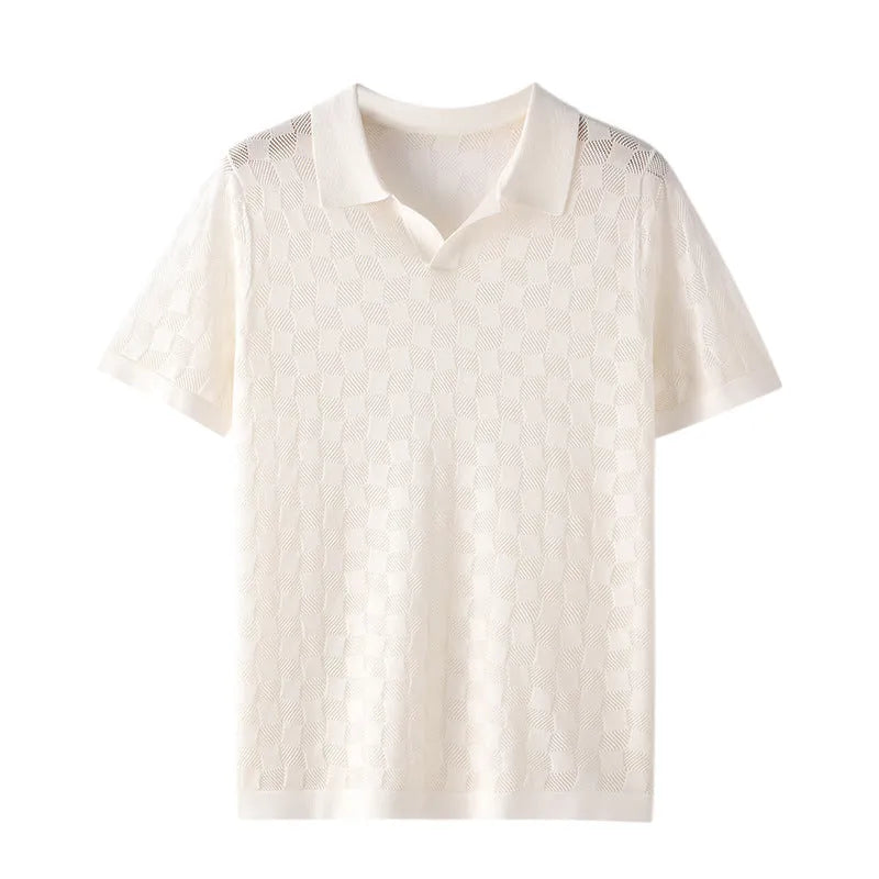 Men's short sleeve mulberry silk business casual sweater with lapels in four colour options