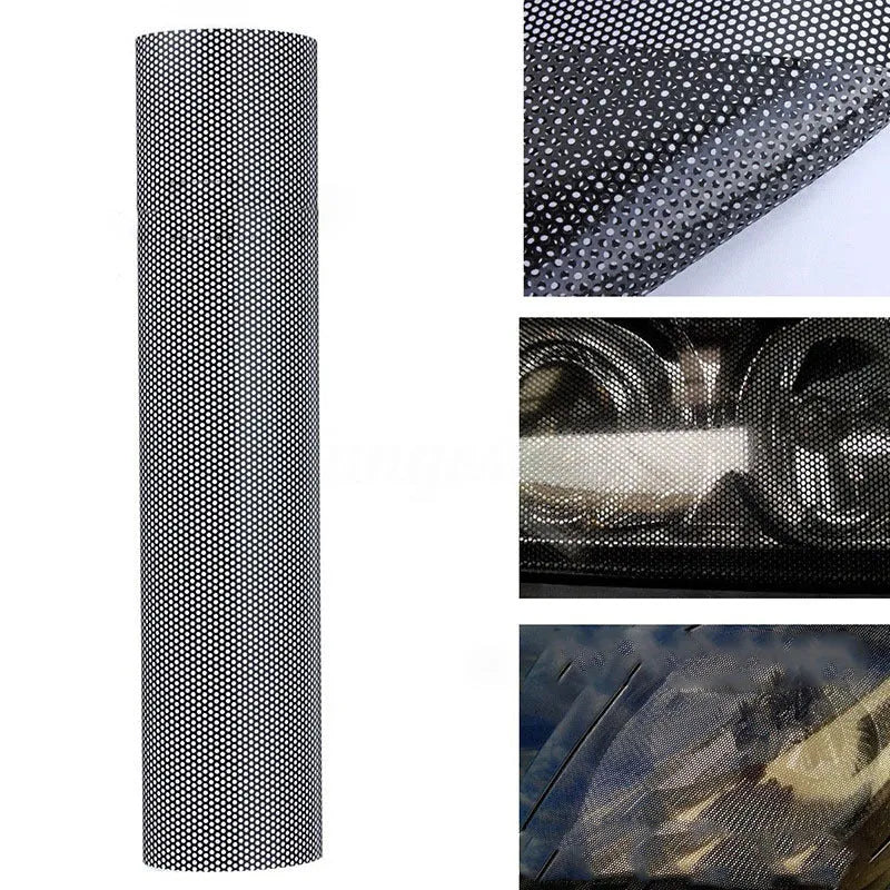 Perforated automotive colour changing film sheet measuring 30 by 106 centimetres with mesh-style design