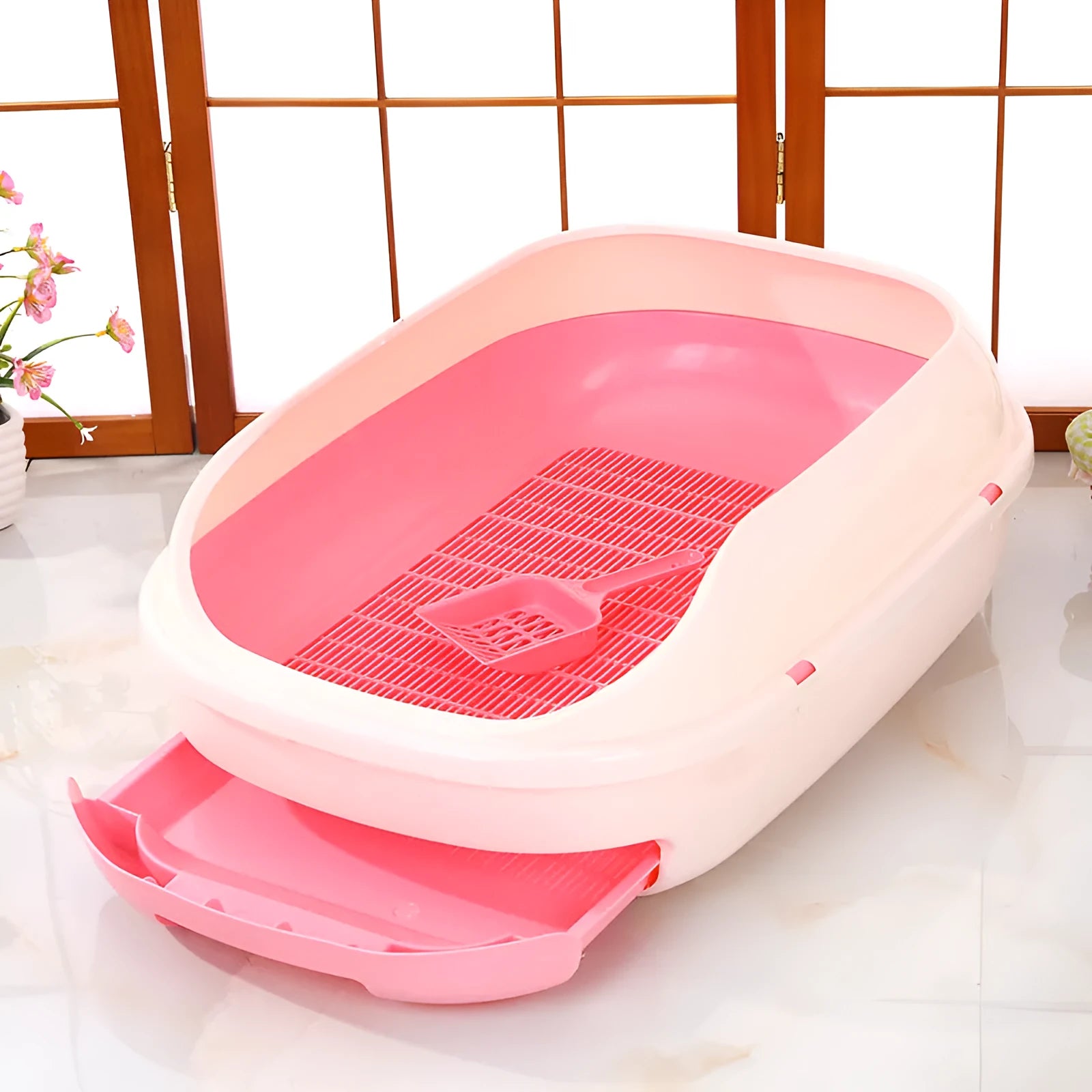 Semi-closed double layer cat litter box with grid drawer, large 51x40.5x20.5cm, gray colour