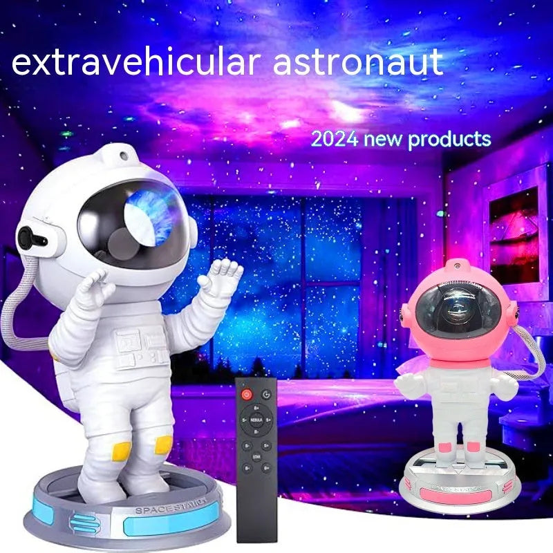 White Exit Astronaut Starlight Projection Lamp with USB cable and remote control on a table, projecting a blue starry light effect