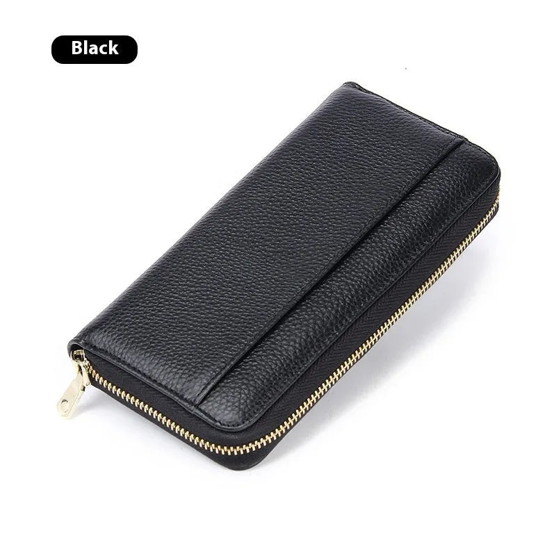 Long genuine leather women's wallet in a choice of six colours, showing large capacity and anti-theft card feature.