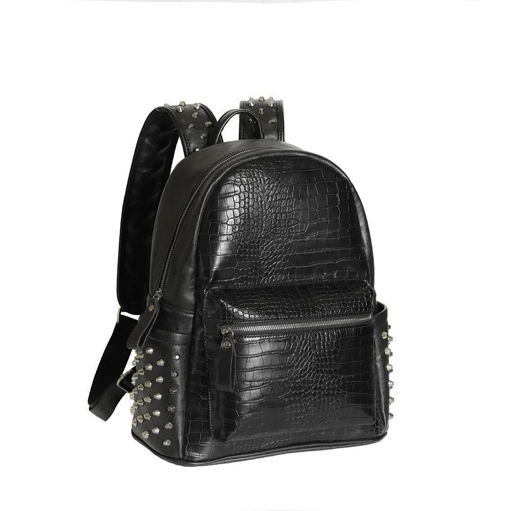 Black oil-wax PU leather computer schoolbag with rivets, showing large 36-55L capacity.