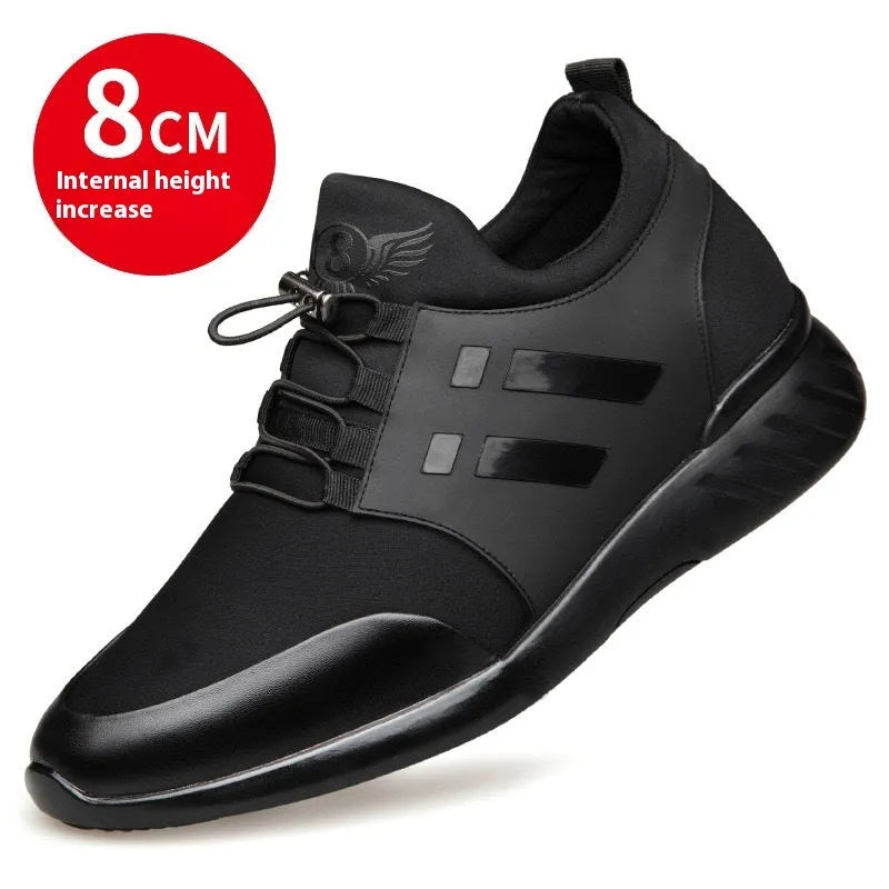 Men's black genuine leather height increase casual shoes with round toe and chunky heel.