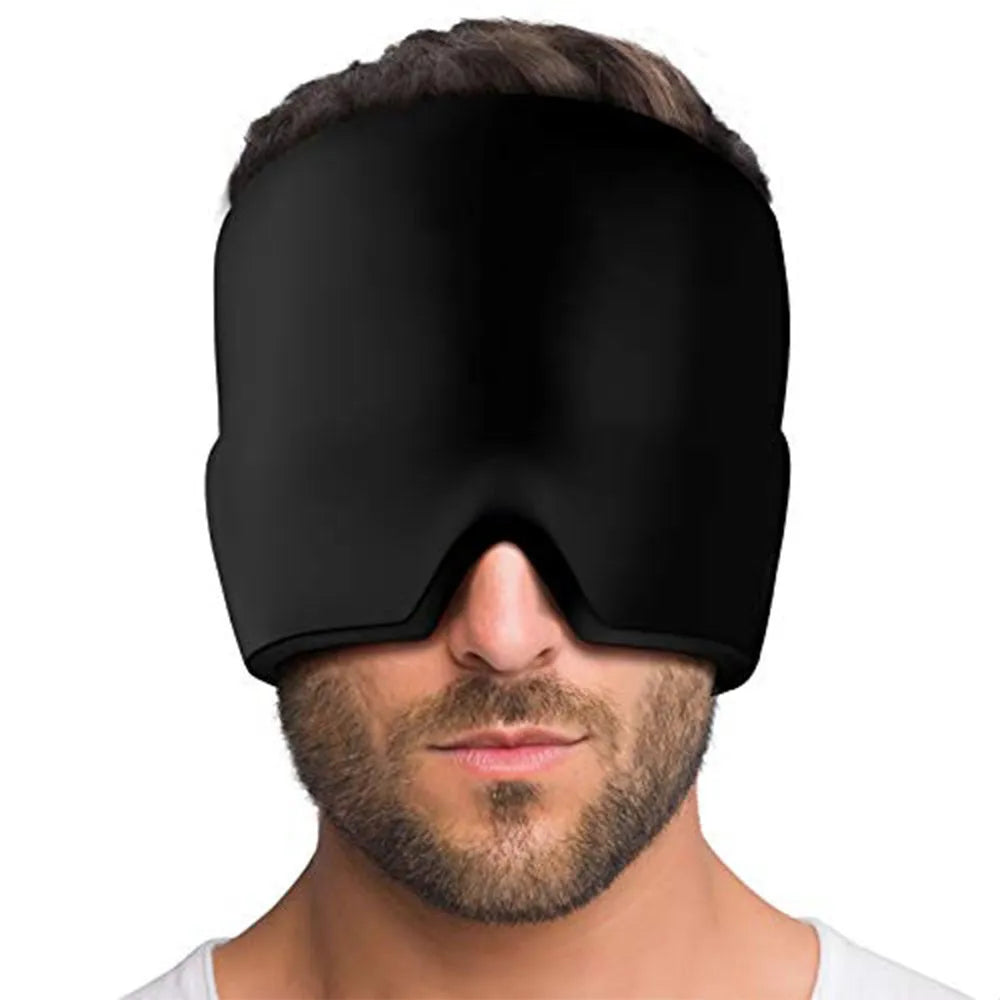 Black reusable ice gel headache relief eye mask on a white background.