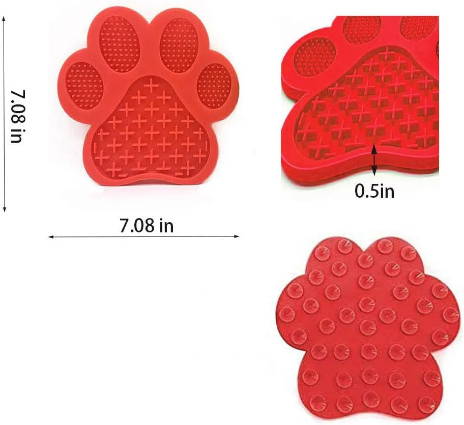 Dog licking mat with peanut butter and strong suction cups on bathroom tile, 18x18x1.2cm silicone pad
