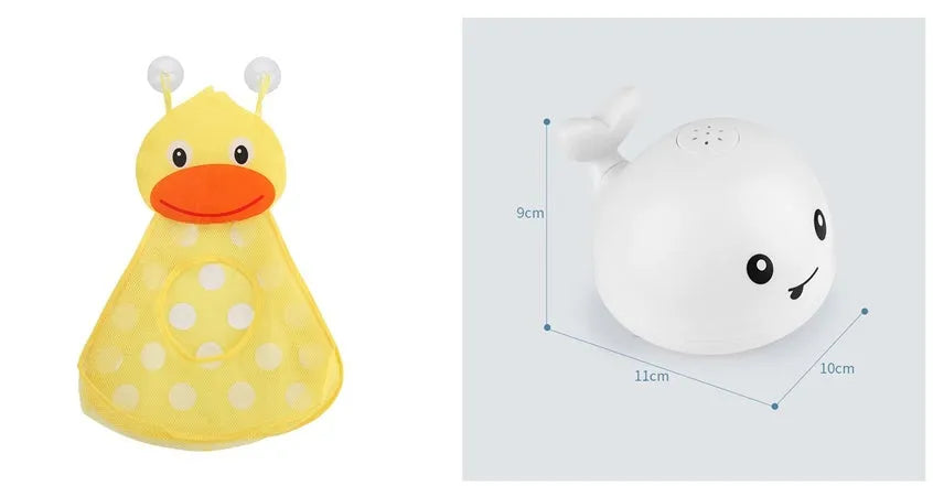 White and blue whale-shaped bath toy spraying water with LED lights on, floating in a baby bath