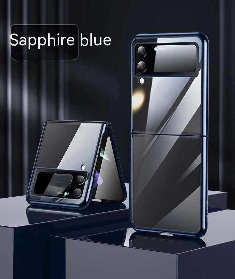 Hard PC transparent electroplating back cover phone case for Samsung Z Flip 3 5G, Z Flip 4, and W23 Flip in black, blue, and silver