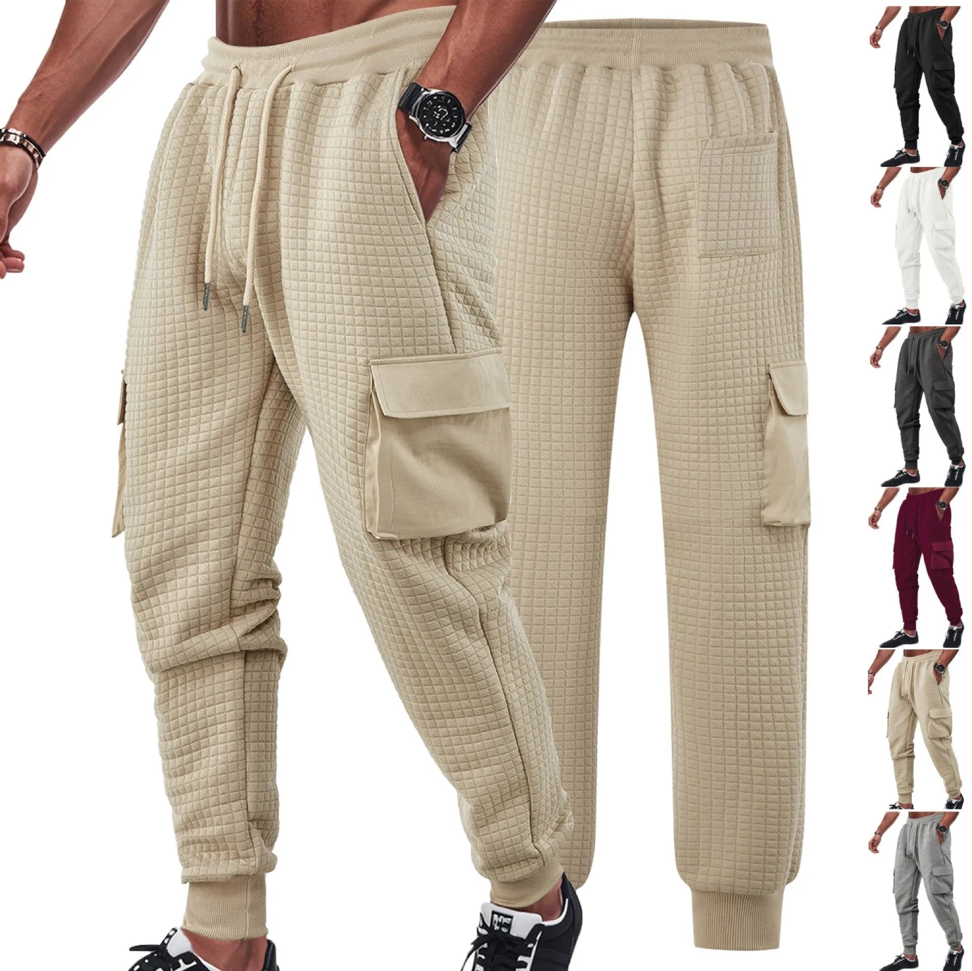 Men's thickened jacquard small check sweatpants with drawstring waist and belt, loose cargo style